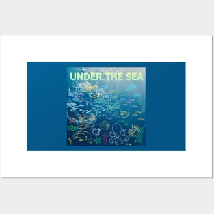 under the sea,blue sea,sea creatures,Turtle, puffer fish, starfish, shrimp, shark, tropical fish, sea horse, seaweed, sardines, squid, crabs, clams Posters and Art